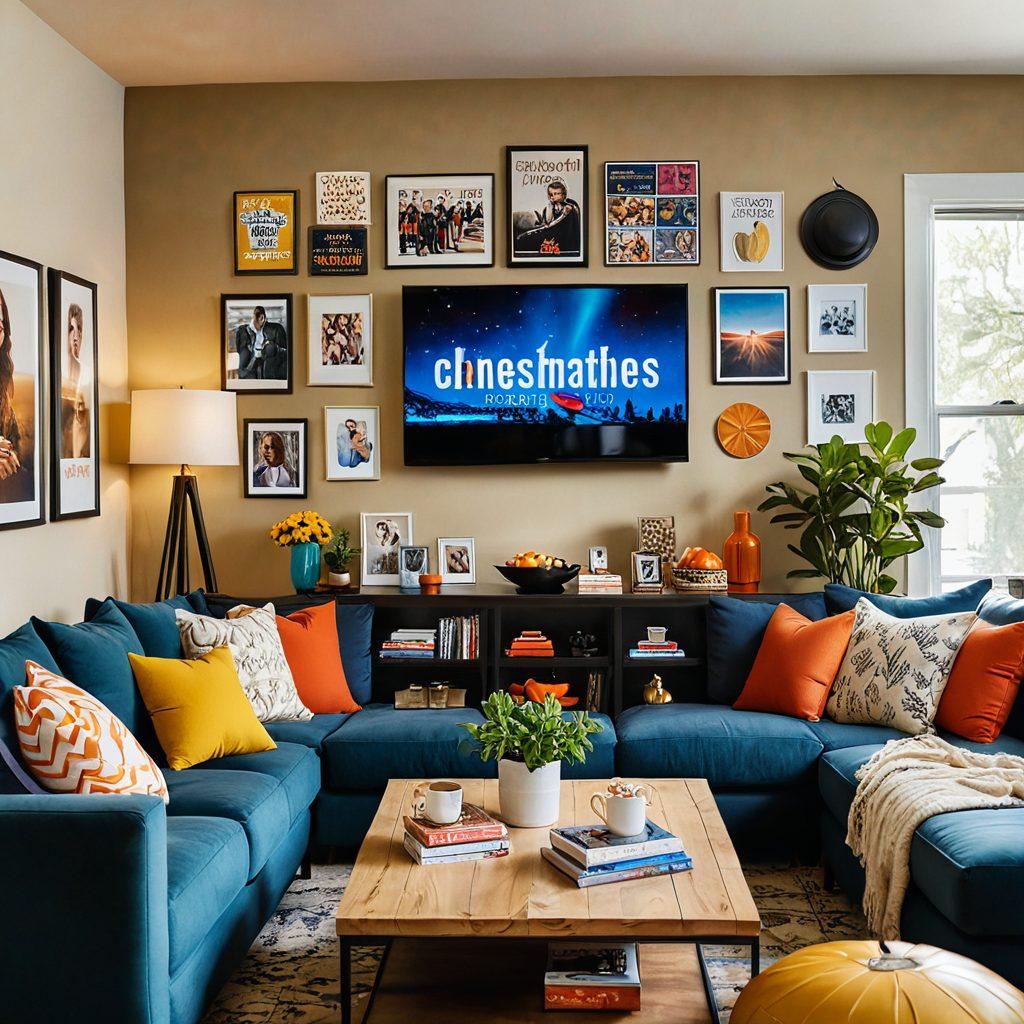 A cozy living room scene featuring a diverse group of friends gathered around a large screen, excitedly streaming free TV series. The room is adorned with comfortable furniture, colorful cushions, and snacks scattered around for an inviting atmosphere. Brightly lit with warm lighting to create a cheerful vibe, and a wall decorated with posters of popular free TV shows. super-realistic. vibrant colors. cozy setting.