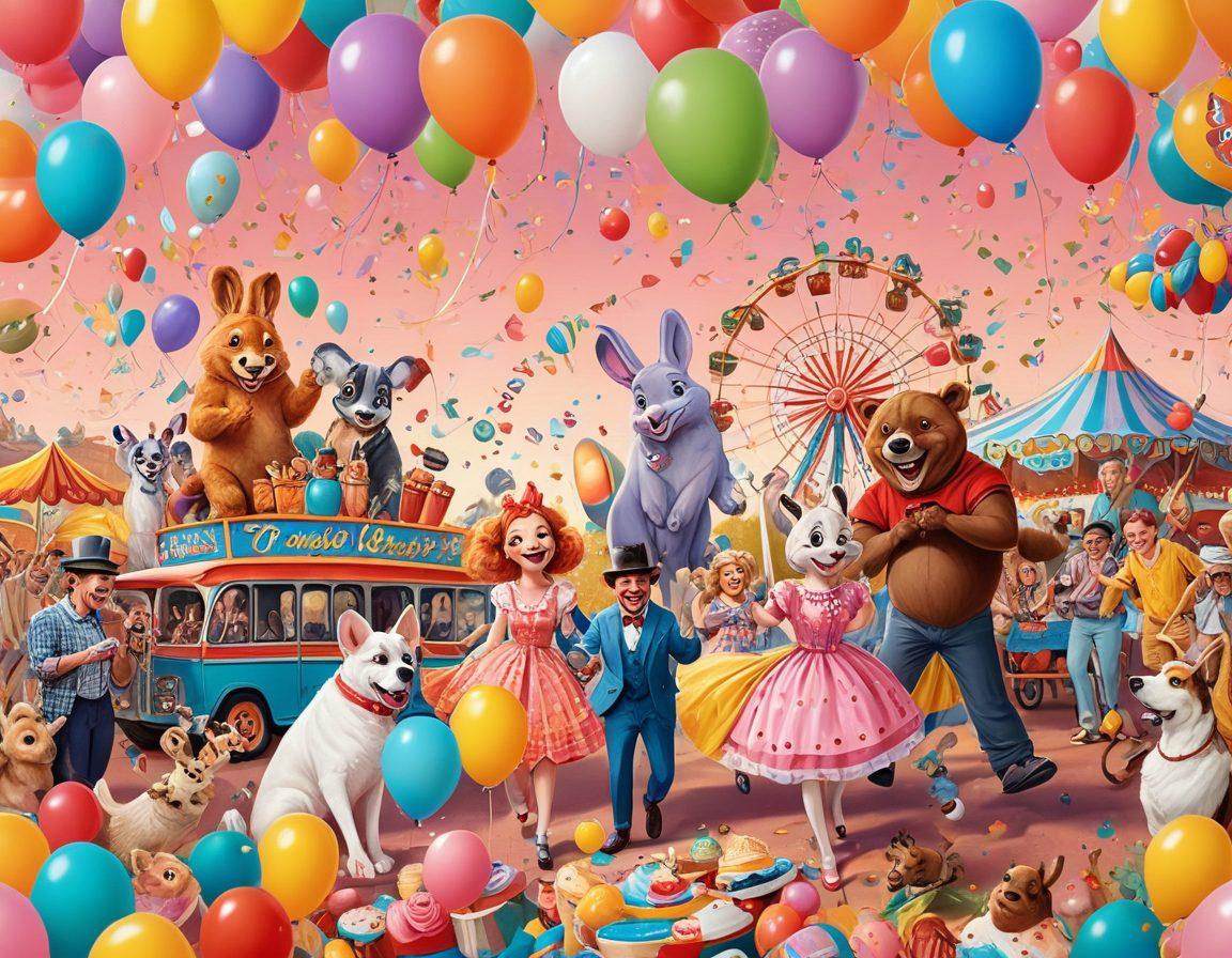 A vibrant collage of cheerful characters from various entertainment shows, including animated animals, whimsical humans, and colorful settings like a carnival and a picnic scene. Incorporate elements of laughter and joy, such as balloons, confetti, and smiling faces. The background features soft pastel colors to enhance the cheerful mood. super-realistic. vibrant colors. playful theme.