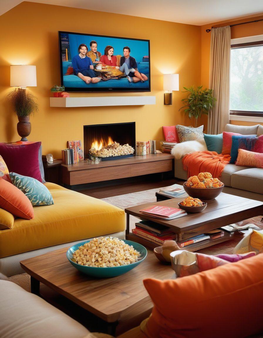 A cozy living room scene with a large flat-screen TV displaying vibrant clips from joyful TV series, featuring laughter and humor. There are colorful decorations, comfy couches filled with plush cushions, and a bowl of popcorn nearby. Soft lighting creates a warm atmosphere, encouraging viewers to relax and enjoy. The background includes playful illustrations of iconic comedy characters. super-realistic. vibrant colors. cozy atmosphere.
